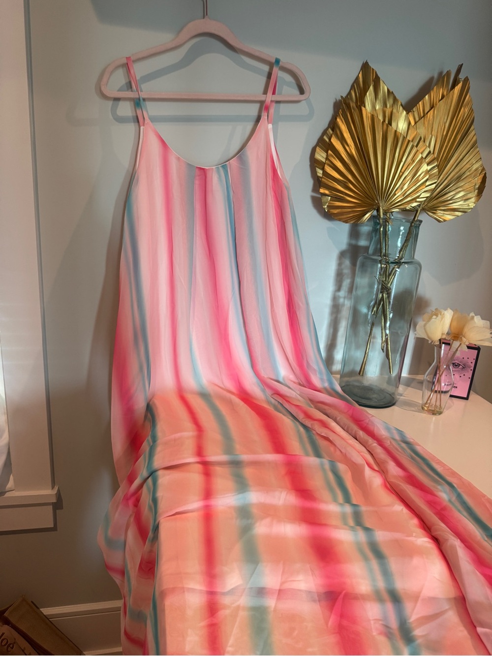 Women’s Pink Striped Lined Satin Slip Dress